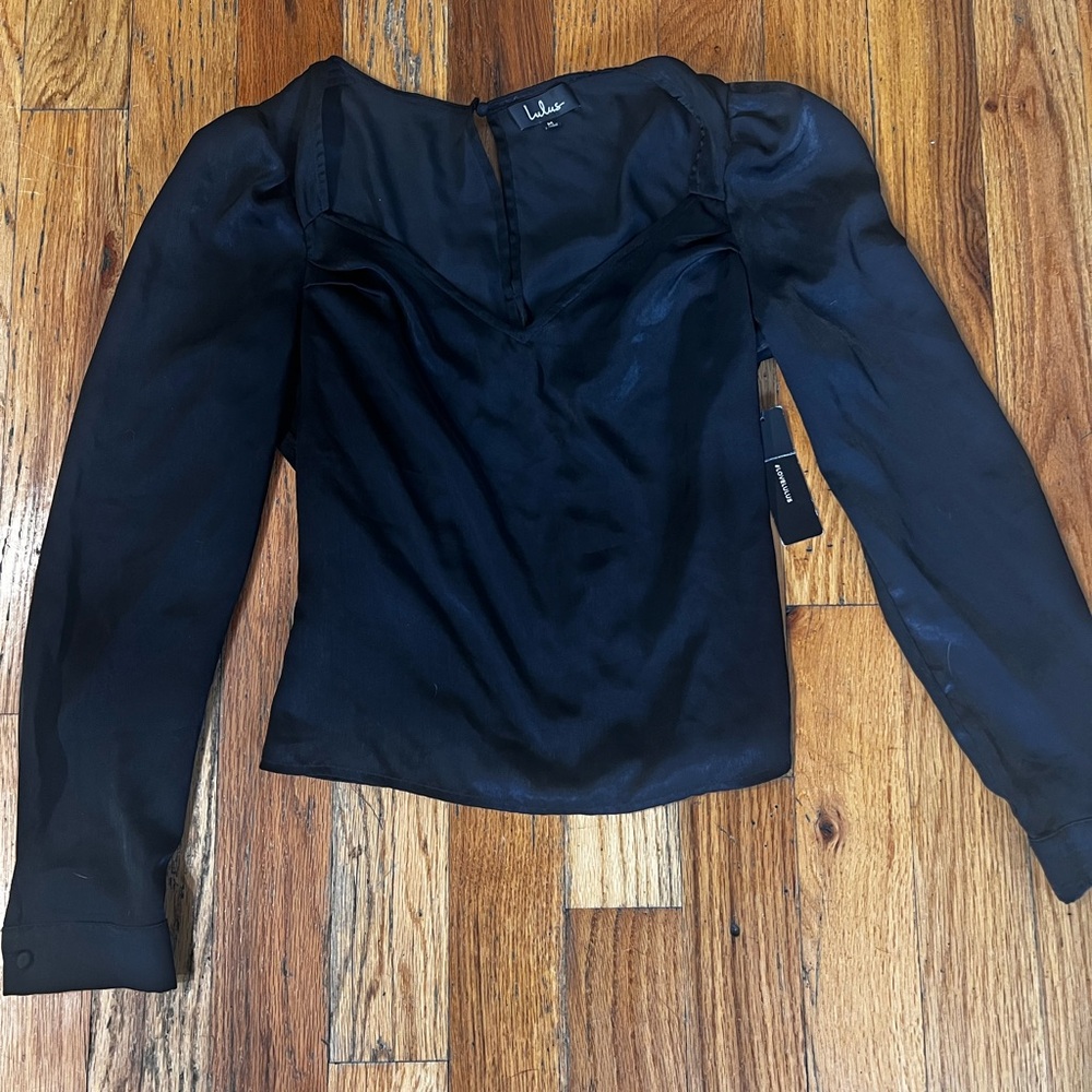 Lulu's Black Satin V-Neck Long Sleeve Blouse